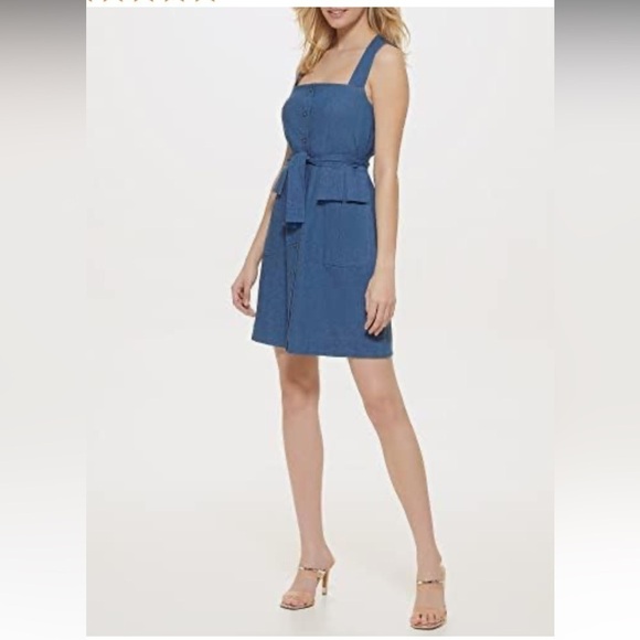 DKNY Women's Washed Denim Sleeveless Tie Waist Dress Size 12 - Picture 1 of 11
